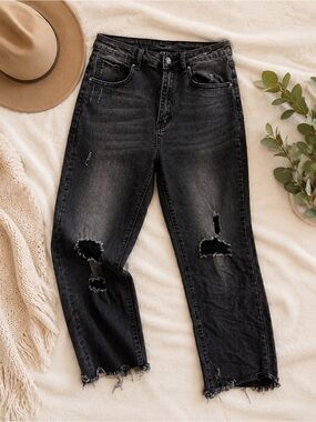 Risen Jeans Black Denim Distressed Raw Hem
